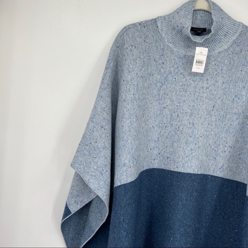 NEW ANN TAYLOR Blue Speckled Knit Mockneck Cape Poncho In Dark Navy - Picture 8 of 10